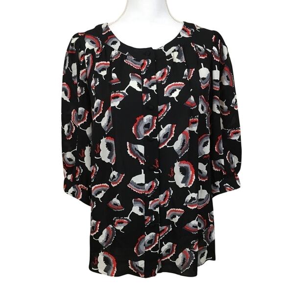Milly Of New York Black Floral Silk Poppy Blouse Size 8 - Picture 1 of 8